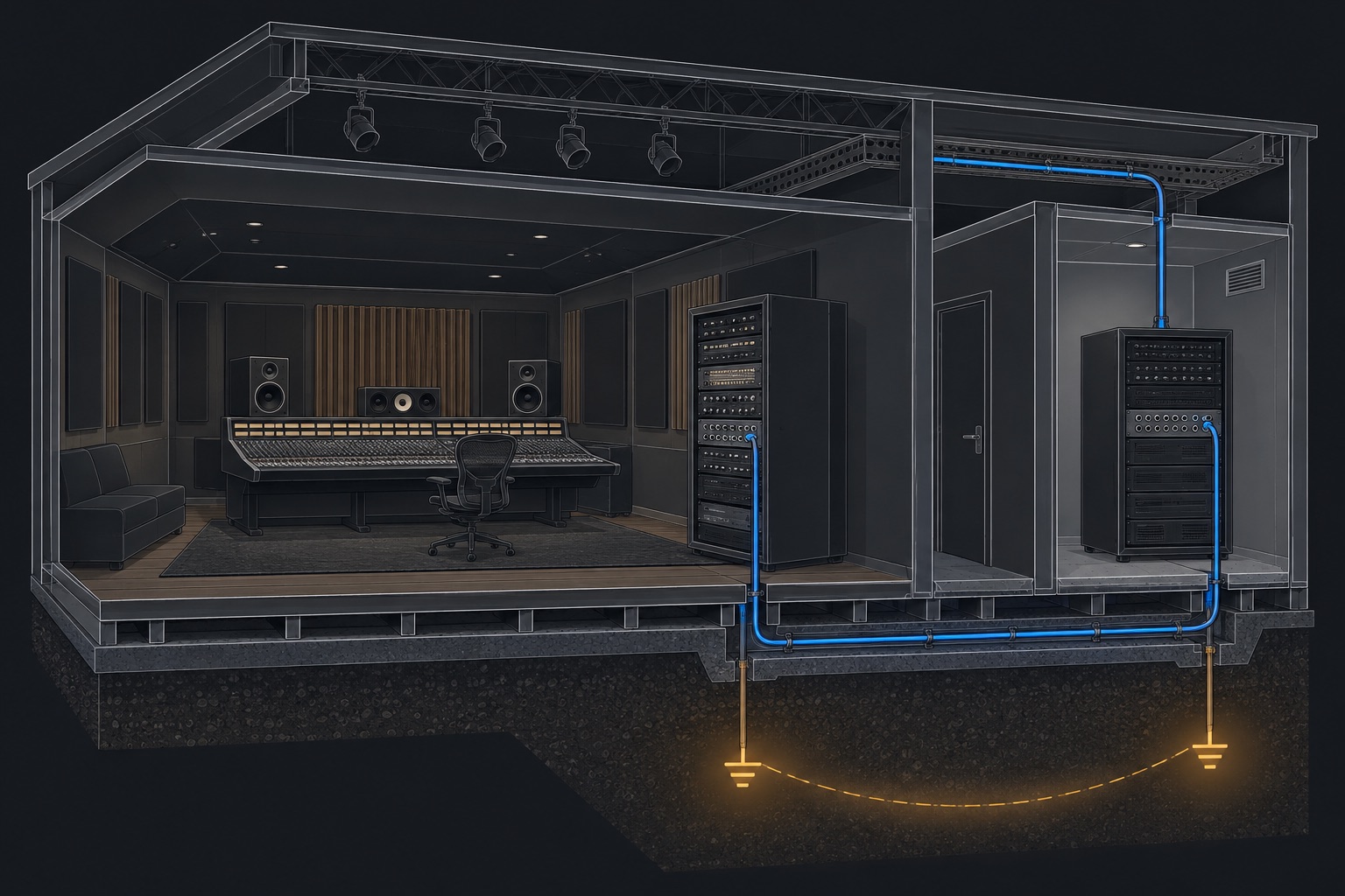 Isometric cutaway: the mix room and the mic closet, the Cat6 run under the floor and through the ceiling between their racks, each rack on its own ground